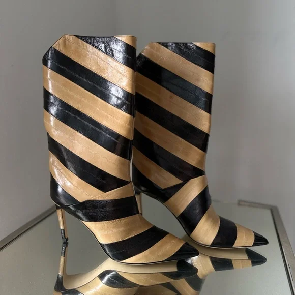 New Jimmy Choo Beren Boot Eel Skin Striped Black and Cognac $1,895 39 - Picture 10 of 12